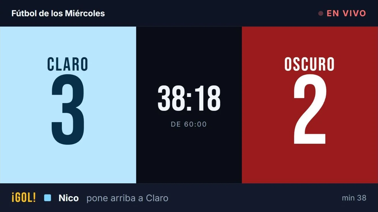 Marcador en vivo de Fútbol de los Miércoles en la TV de la cancha, con un partido de ejemplo