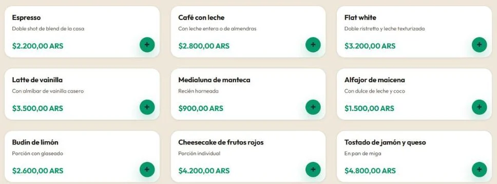 Menú digital de POS Negocios con los productos de una cafetería de ejemplo